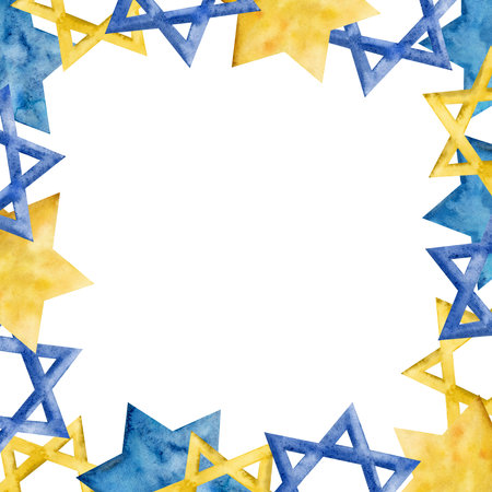 Square frame design template with traditional Hanukkah stars od David in blue and yellow gold. Hand drawn watercolor illustration.の写真素材
