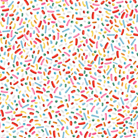 Hand drawn watercolor seamless pattern with many colorful sprinkles isolated on white. Bright multicolor background for bakery,fabrics, party decorの写真素材