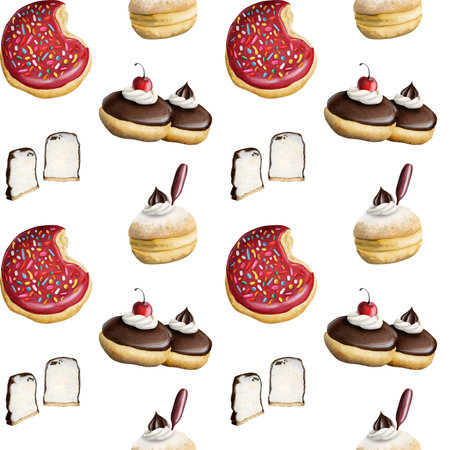 Watercolor donuts seamless pattern. Chocolate, red, white glazed donuts, marshmallow. For a kitchen, textile, backeryの写真素材