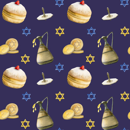 Hanukkah seamless pattern on dark blue background with hand drawn watercolor dreidels, jewish donuts, David stars, coinsの写真素材