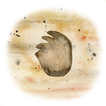 Watercolor herbivorous dinosaur footprint fossil, hand drawn diplodocus paw on sand illustrationの写真素材