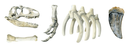 Hand drawn dinosaur bones illustration set. Tyrannosaurus Rex watercolor scull, rins, paw, tooth,...