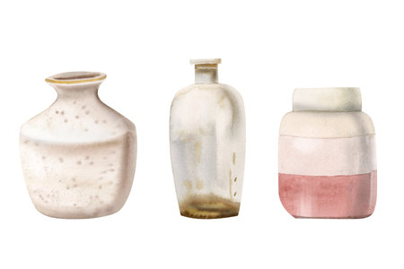 Watercolor set vintage glass and ceramic vases, jugs, bottle. Hand drawn illustration in earthy pastel colorsの写真素材