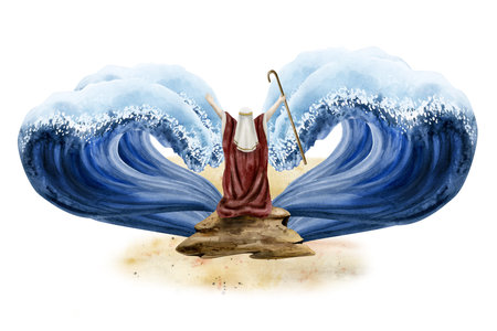 Watercolor Exodus with Moses from Passover Haggadah, Bible story about separating Red sea, Jewish history illustrationの写真素材