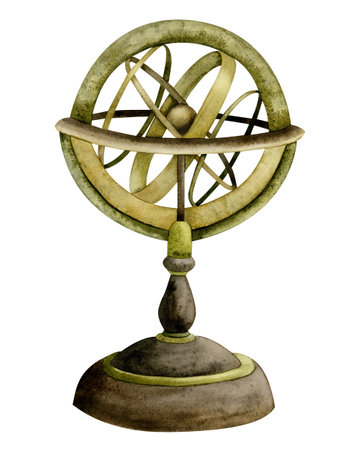 Watercolor navigation armillary sphere, vintage spherical astrolabe instrument illustration isolated on whiteの写真素材