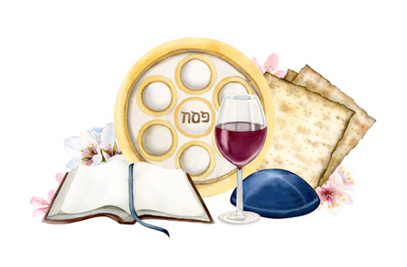 Happy Passover greeting banner with red wine glass, matzah, Haggadah and Jewish seder plate with...