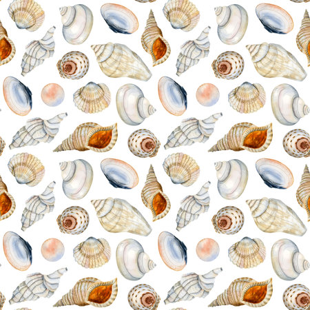 Watercolor seamless pattern with different seashells and pearls on white background in blue, orange,...