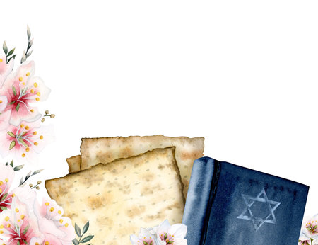 Passover greeting template with copy space, Haggadat Pesach book, matzah, almond flowers, star of David on whiteの写真素材