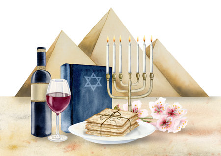 Passover greeting card Jewish holiday with watercolor Pesach symbols and Egypt pyramids, Haggadah, matzah, menorah, wineの写真素材