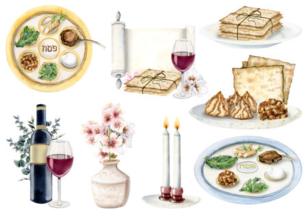 Passover design elements watercolor illustration set. Jewish Pesach food, seder plates with matzah, Haggadah, wineの写真素材