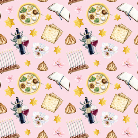 Passover symbols watercolor seamless pattern with spring flowers, red wine, candlestick, matzah, stars of David on pinkの写真素材
