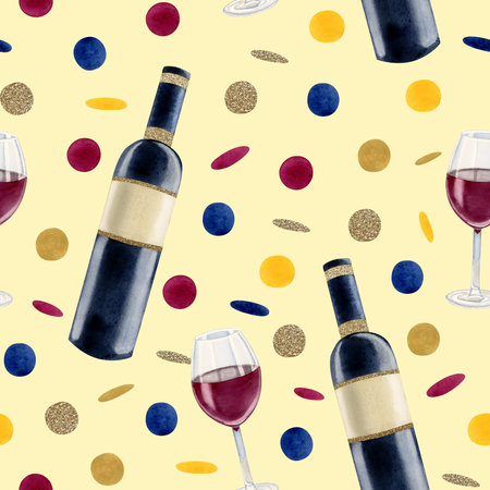 Wine bottle and red glass seamless pattern with bright blue, gold, magenta confetti. Watercolor illustration on light yellow background for birthday party designsの写真素材