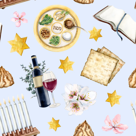 Light blue Passover seamless pattern with seder Pesach food, kosher wine, Haggadah scrolls, spring flowers, candles, matzah, stars of David backgroundの写真素材