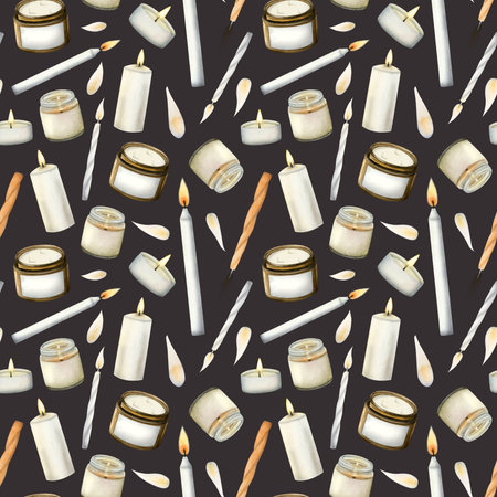 Watercolor cadles of various types seamless pattern on dark brown background. White and orange burning candles for aromatherapy shops, kabalat Shabbat, relaxationの写真素材
