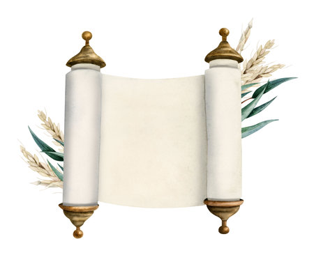 Watercolor opened Torah scroll of Jewish Bible, megilat Esther, Haggadah Pesah illustration with ears of wheat and eucalyptus leaves. Hand drawn clipart isolated on white backgroundの写真素材