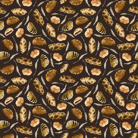 Dark brown fresh bread and sweet buns seamless pattern. Various types of bakery. Organic rural pastries products, loafs, challah with ears of wheat watercolor illustrationの写真素材