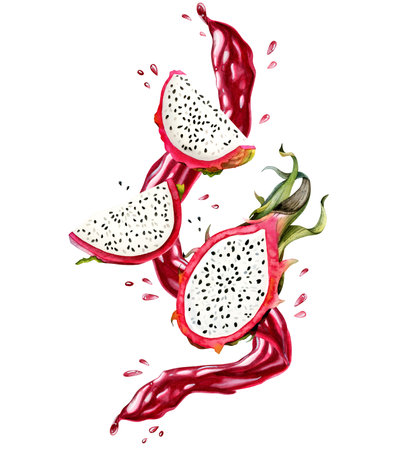 Dragon fruit slices and juice levitation with watercolor splashes and blots hand drawn illustration isolated on white background. Juicy delicious summer food clipart for restaurant, menu, cocktailsの写真素材