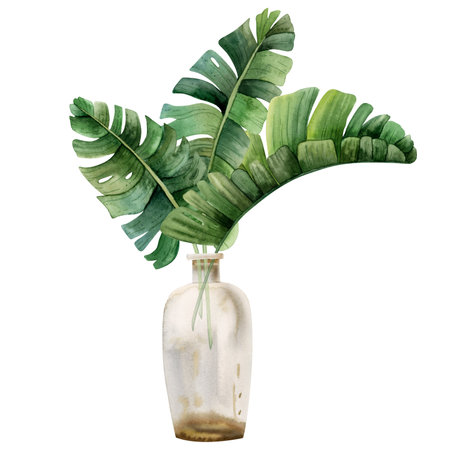 Tropical leaves of monstera, palm tree and banana in transparent vase bottle watercolor illustration isolated on white background. Trendy boho style summer clipartの写真素材