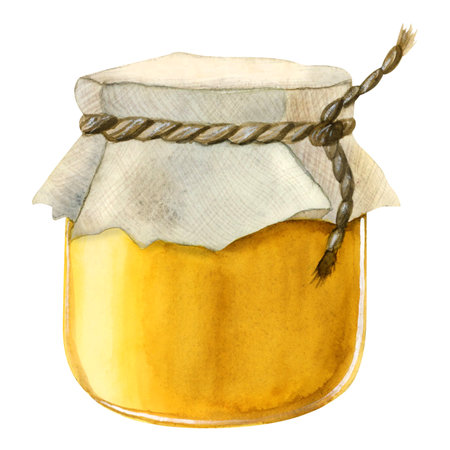 Honey jar watercolor illustration isolated on white background. Yellow glass pot with linen cloth cap and rope realistic clipart of natural organic healthy food, Rosh Hashanah designsの写真素材
