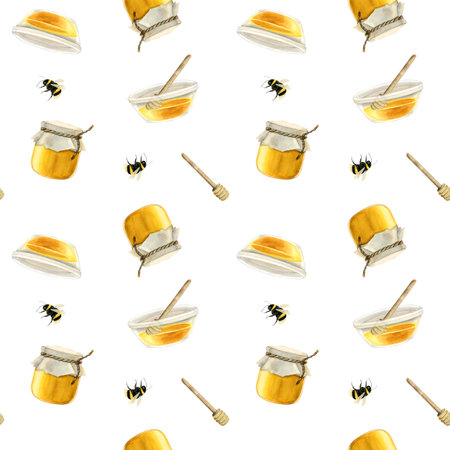 Watercolor honey seamless pattern with jars, wooden spoons and bees on white background for wrapping paper, bags or textileの写真素材