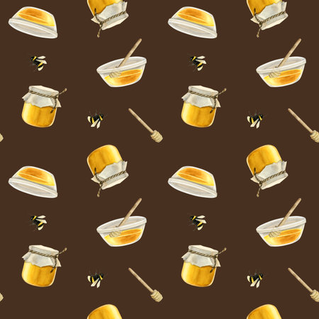 Dark brown and yellow honey watercolor seamless pattern with jars, wooden spoons and bees background for wrapping paper, bags or textileの写真素材