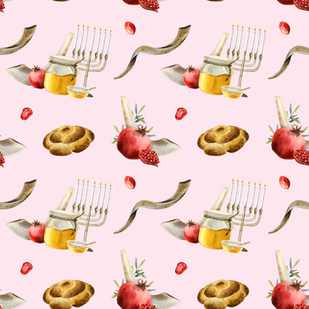 Light pink Rosh hashanah symbols watercolor seamless pattern with shofars, menorah, traditional food for Jewish new year gift wrapping, boxes and greeting designsの写真素材