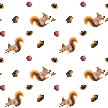 Red squirrel with pine cones, acorns, berries and chestnuts watercolor seamless pattern on white background fabric, scrapbooking, bed linen designsの写真素材
