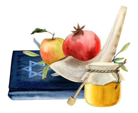 Jewish Rosh Hashanah symbols with Torah book, star of David, honey jar, pomegranate fruit and apple, shofar horn watercolor illustration isolated on white for Israel new year and yom kippurの写真素材