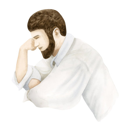 Thinking concentrated man person, chess player watercolor illustration isolated on white background. Hand drawn human template for intellectual board game designsの写真素材