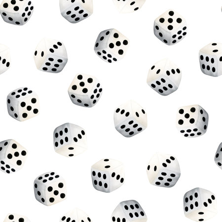 White gambling dices cubes watercolor seamless pattern on white background for hobby and table games designsの写真素材