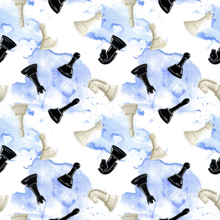 Chess black and white pieces on blue watercolor splashes on white background with pawns, knights, bishops and rook for wrapping paper and club brochures designの写真素材