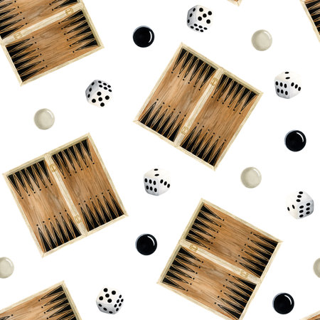 Watercolor backgammon boards, checkers and white gambling dices cubes seamless pattern on white background for hobby and table games designsの写真素材