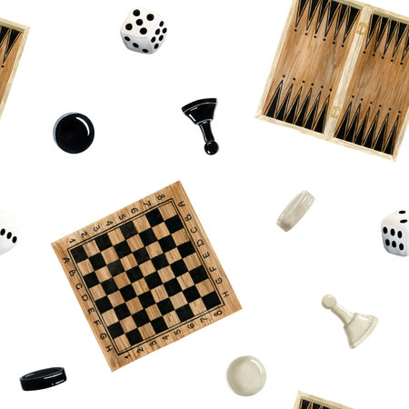 Table board games chess, backgammon and checkers with white gambling dices cubes watercolor seamless...