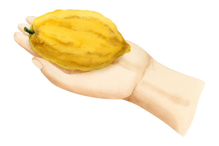 Sukkot etrog fruit taken in hand for selecting for Jewish holiday species ritual watercolor illustration isolated on white background. Yellow citron citrus design elementの写真素材
