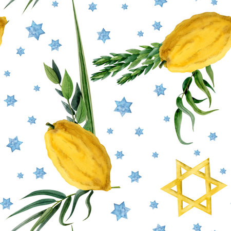 Sukkot watercolor seamless pattern on white background for traditional Jewish holiday with Lulav date palm leaf, Etrog citron fruit, Arava willow, Hadas myrtle plants and stars of Davidの写真素材