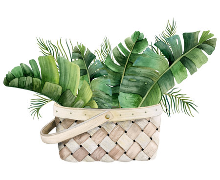 Watercolor tropical bouquet of palm and banana leaves in wicker basket botanical illustration isolated on white background for cards, stickers, floral shops and web designの写真素材