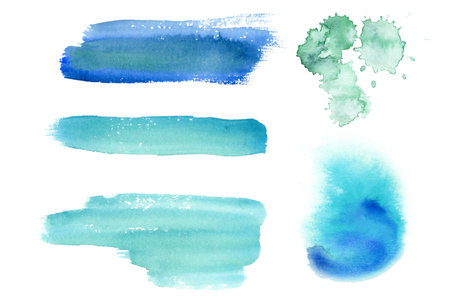 Teal blue green watercolor brush strokes, splashes and blots for sea or ocean nautical designs. Hand drawn artistic background isolated on whiteの写真素材