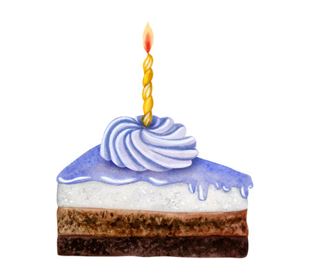 Pastel blue chocolate cake slice with whipped cream and burning candle for boys birthday isolated...