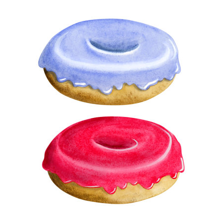 Lavender blue and pink red glazed donut watercolor illustration set isolated on white background. Side view, for boys birthday or Hanukkah designsの写真素材