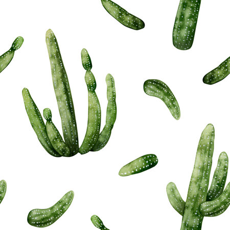 Watercolor Saguaro Carnegia cactuses seamless pattern on white background. Desert Mexican western American plants from Arizona and wild westの写真素材