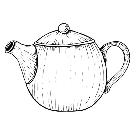 Vector teapot simple black and white illustration. Graphic hand drawn sketch in outline styleのイラスト素材