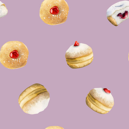 Delicious Hanukkah donuts watercolor seamless pattern of Jewish traditional holiday sweet dessert on...