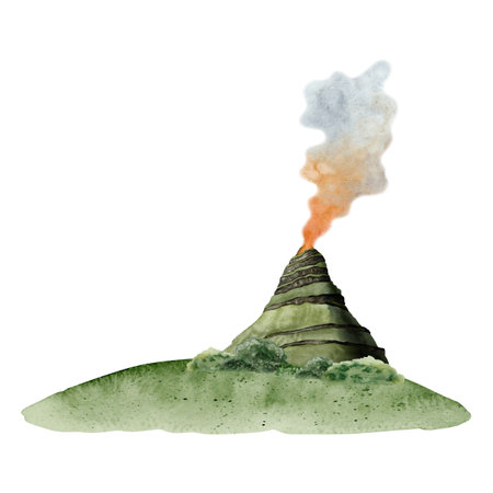 Wild nature landscape with active volcano with smoke, green hill and bushes watercolor Illustration isolated on white backgroundの写真素材
