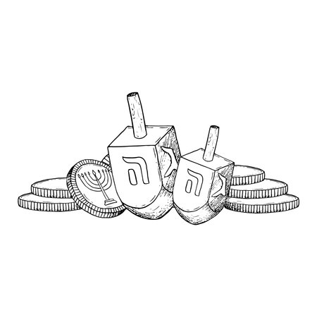 Hanukkah holiday symbols, dreidels and gold coins gelt black and white vector illustration. Hand drawn sevivons with Hebrew lettersのイラスト素材