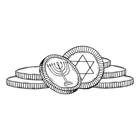 Black and white stack of Hanukkhah coins with holiday menorah and star of David for Jewish holiday gelt vector illustrationのイラスト素材