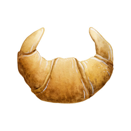 Butter croissant dessert for breakfast watercolor illustration isolated on white background. Home bakery fresh pastry food clipart for designの写真素材