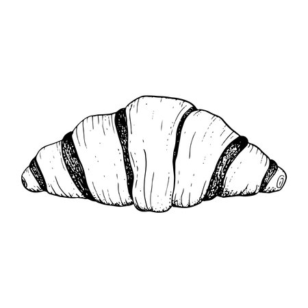 Vector chocolate French croissant for lunch and breakfast black and white illustration sketch. Bakery fresh pastry food clipart menu designのイラスト素材