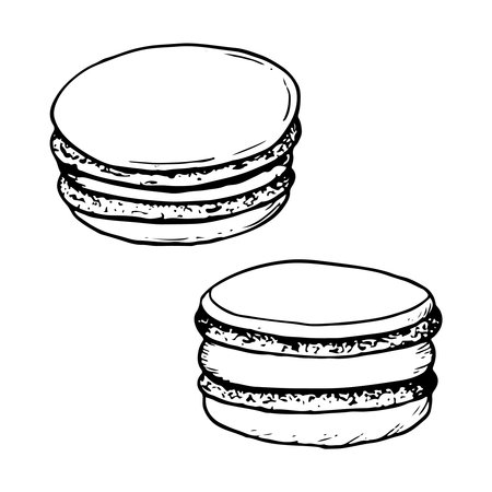 Vector macaroons black and white graphic illustration. Delicious dessert food for cafe and bakeriesのイラスト素材