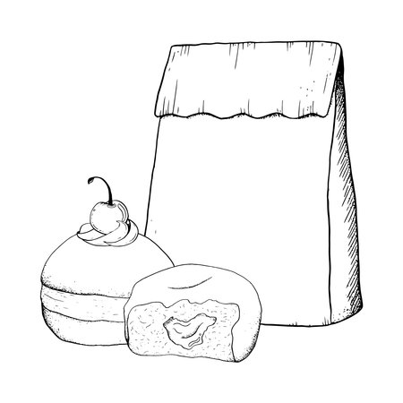 Donut with jam and cherry topping and paper craft bag for takeaway vector black and white graphic illustration for breakfast and coffee break designs, bakery or cafe menuのイラスト素材
