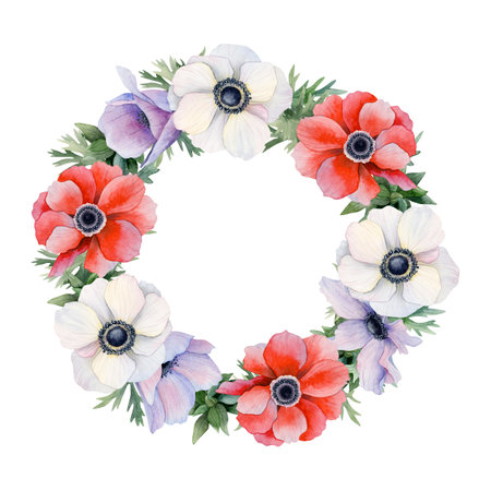 Red, white and purple anemones flowers round wreath frame watercolor illustration. Field poppies templateの写真素材